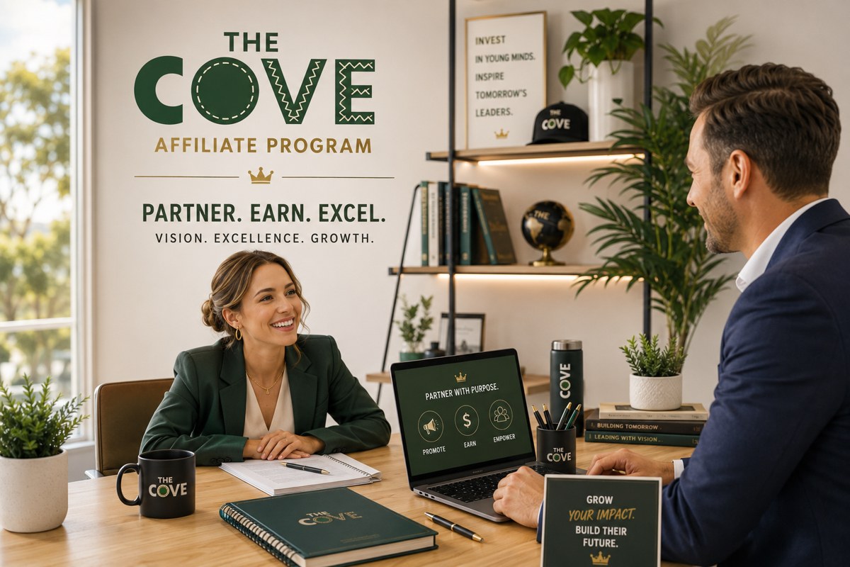 The Cove Affiliate Program: Partner, Earn, Excel. Two professionals meeting in an office with Cove branded laptop, mug, and journal on the desk
