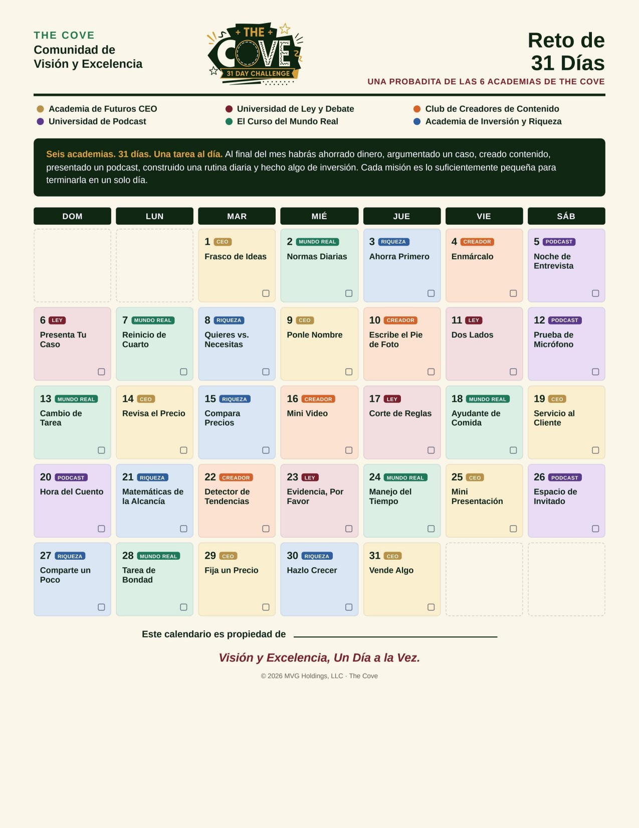 The Cove 31-Day Challenge calendar, Spanish front page