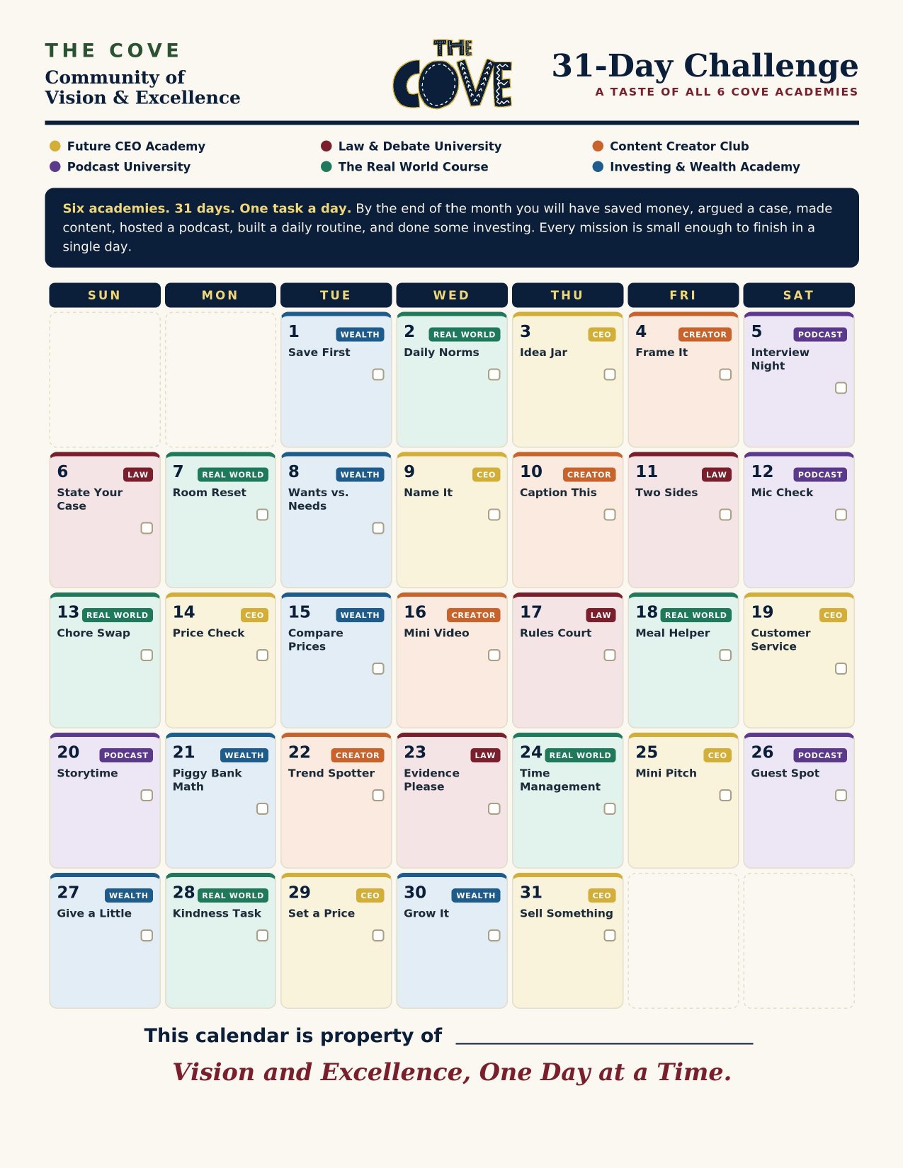 The Cove 31-Day Challenge calendar page, showing all 31 daily missions across six academies