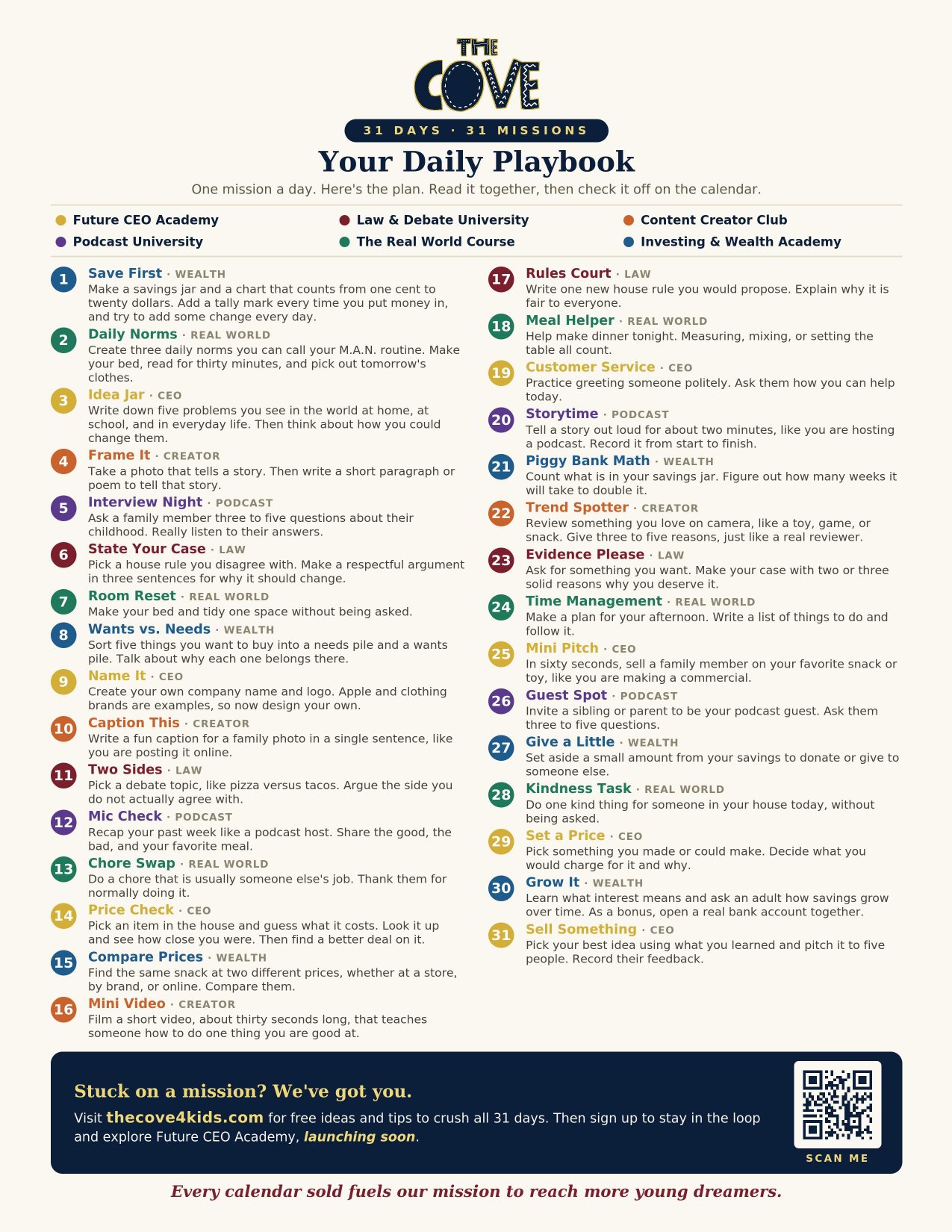 The Cove 31-Day Challenge daily playbook page with mission instructions