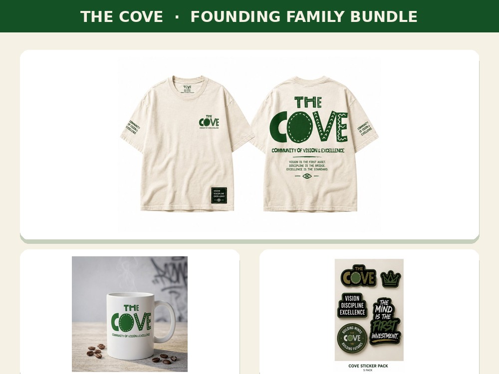 The Cove Founding Family Bundle: hoodie, coffee mug, and sticker pack together