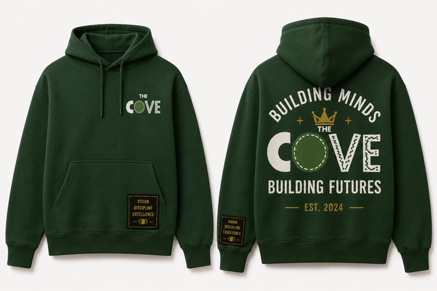 The Cove Building Minds Building Futures hoodie in green, front and back