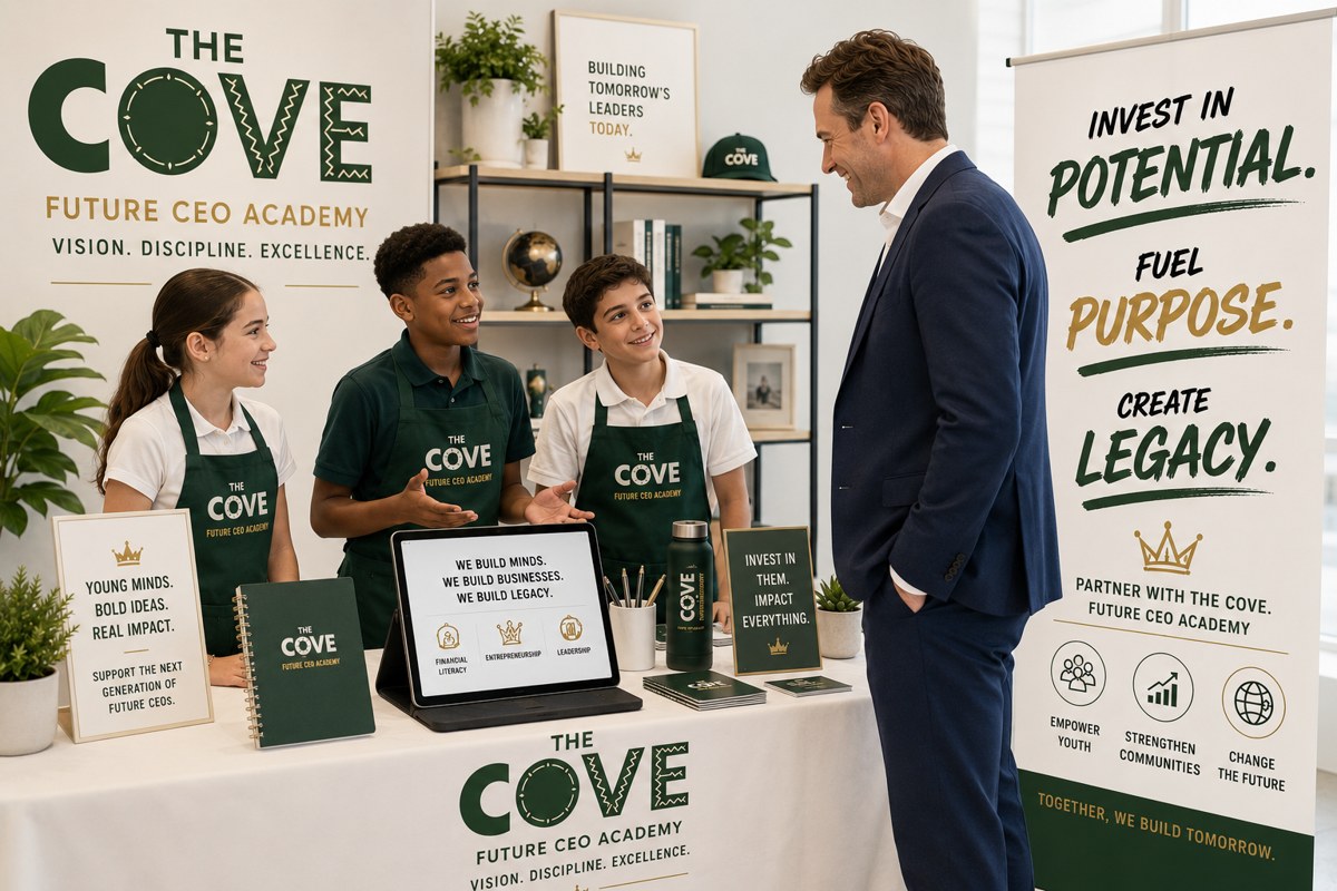 A businessman meeting Cove Future CEO Academy students at a branded sponsorship booth with Invest in Potential, Fuel Purpose, Create Legacy banner